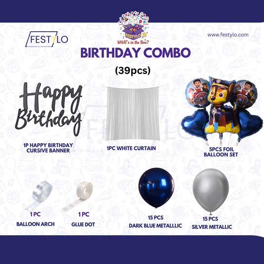 Paw Patrol Blue & Silver Birthday Decoration Combo Kit (39 pcs)