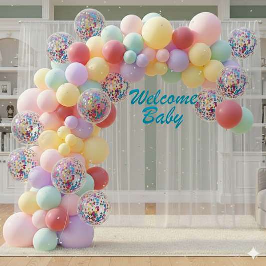 Pastel Theme Party Combo Decoration Kit (114 pcs) – Welcome Baby Balloon Arch Set