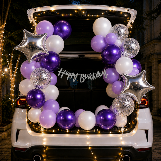 Car Birthday Decoration Combo – 31 Pcs | Purple & White