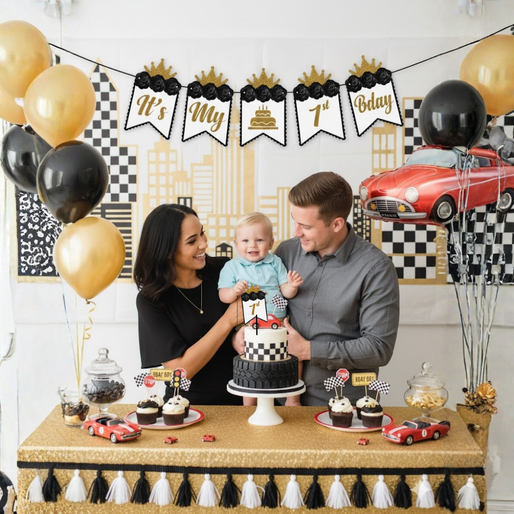 Black Gold First Birthday Banner