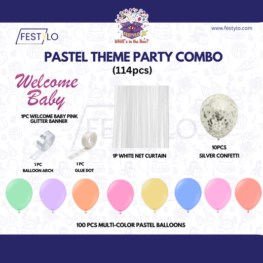 Pastel Theme Party Combo Decoration Kit (114 pcs) – Welcome Baby Balloon Arch Set