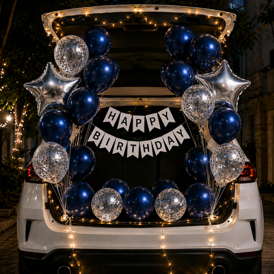 Car Birthday Decoration Combo – 31 Pcs | Dark Blue & Silver