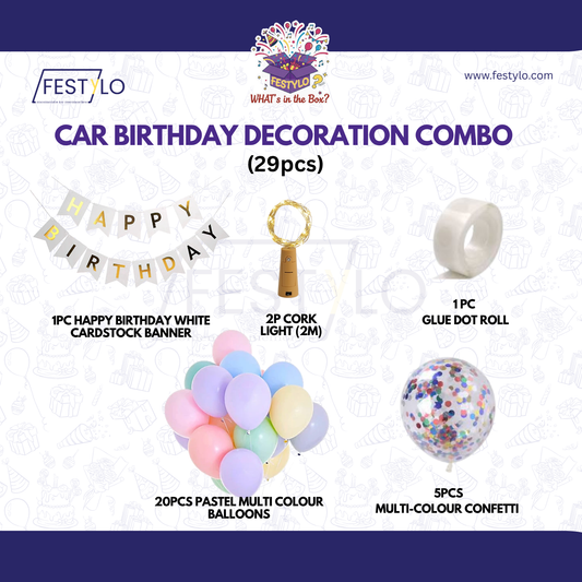 Car Birthday Decoration Combo – 29 Pcs | Pastel Multicolour