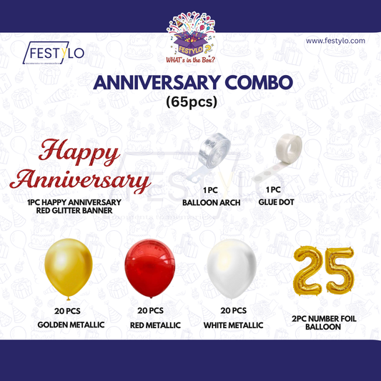 25th Anniversary Decoration Combo Kit (65 Pcs) – Red, White & Gold Balloon Decoration Set