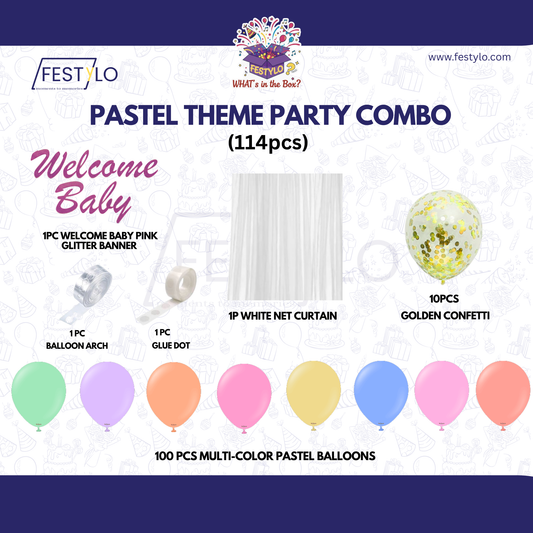Pastel Theme Party Combo Decoration Kit (114 pcs) – Welcome Baby Balloon Arch Set