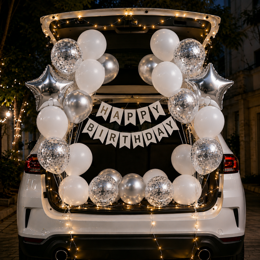 Car Birthday Decoration Combo – 31 Pcs | White & Silver