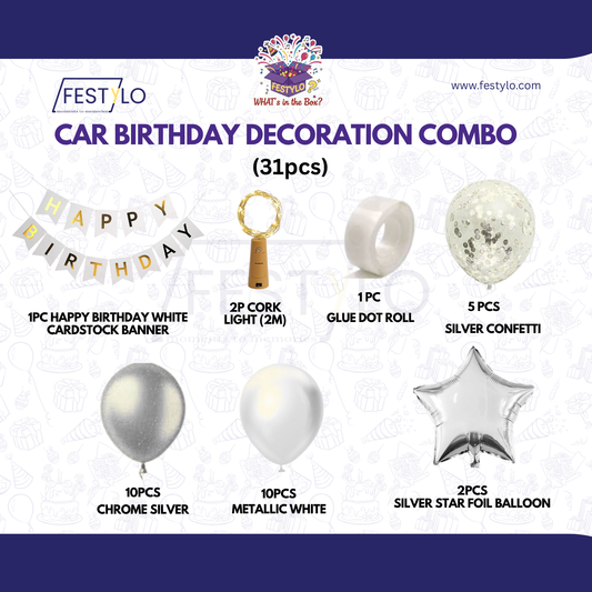 Car Birthday Decoration Combo – 31 Pcs | White & Silver