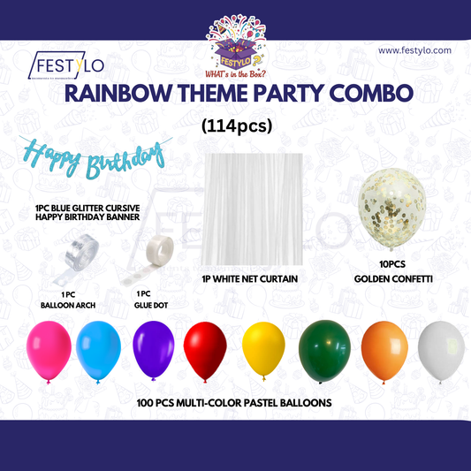 Rainbow Theme Blue Banner with Golden confetti Decoration Kit (114 Pcs)
