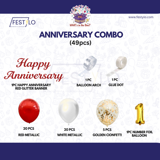Anniversary Combo Decoration Kit (49 Pcs) – Red, White & Gold Theme