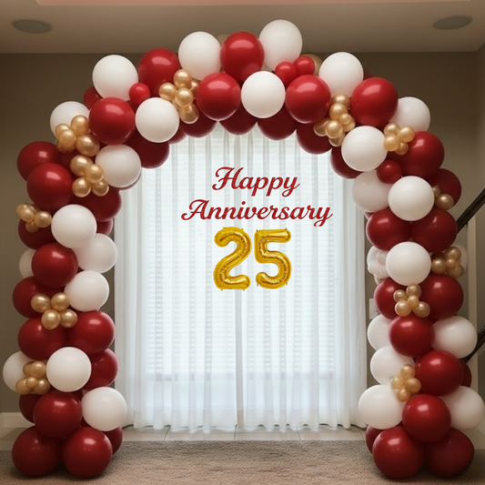 25th Anniversary Decoration Combo Kit (65 Pcs) – Red, White & Gold Balloon Decoration Set