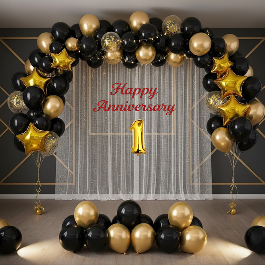 Anniversary Combo Decoration Kit (52 Pcs) – Black & Gold Theme with Curtain