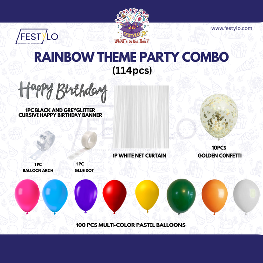 Rainbow Theme Black & Grey Banner with Golden confetti Decoration Kit (114 Pcs)