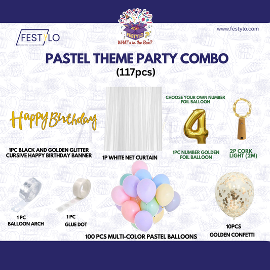 Pastel Theme Birthday Combo Kit with Black & Gold banner