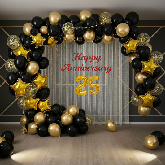 25th Anniversary Combo Decoration Kit (53 Pcs) – Black & Gold Theme with Curtain