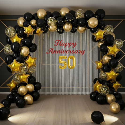 50th Anniversary Combo Decoration Kit (53 Pcs) – Black & Gold Theme with Curtain