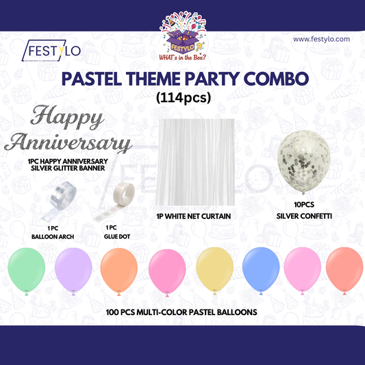 Pastel Theme Party Combo Decoration Kit (114 pcs) – Happy Anniversary