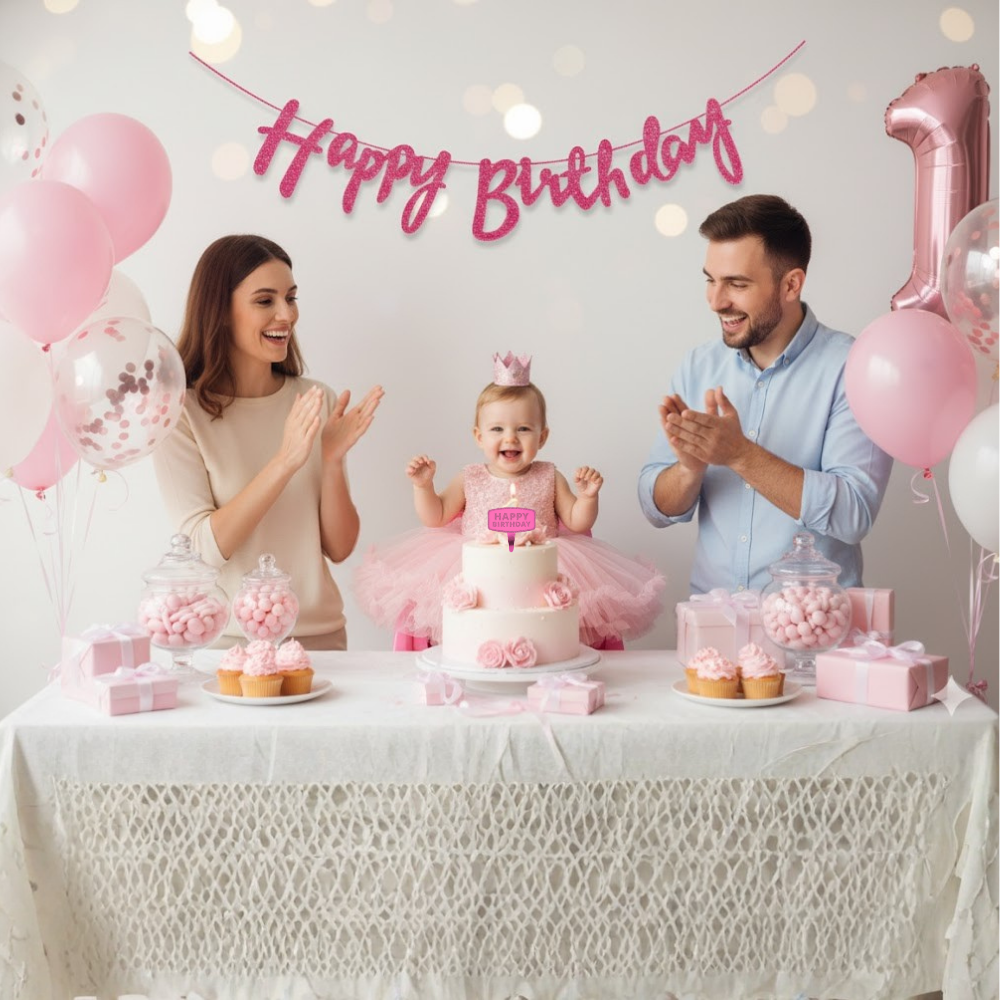 Pink Cursive Birthday Banner Set