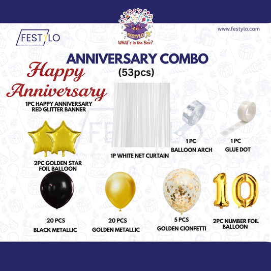 10th Anniversary Combo Decoration Kit (53 Pcs) – Black & Gold Theme with Curtain