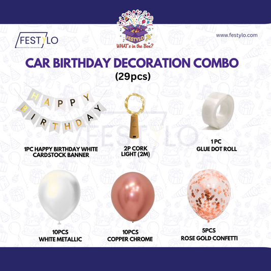 Car Birthday Decoration Combo – 29 Pcs | Rose Gold & White