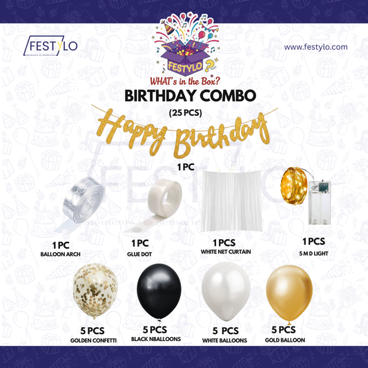 Black Gold Birthday Decoration Combo (25 pcs)