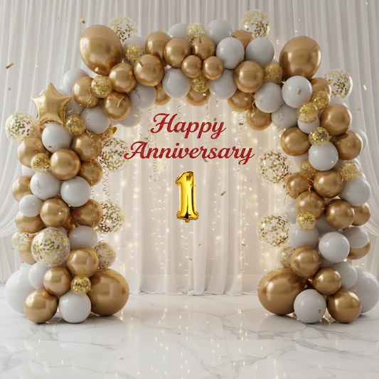 1st Anniversary Combo Decoration Kit (52 Pcs) – White & Gold Theme with Curtain