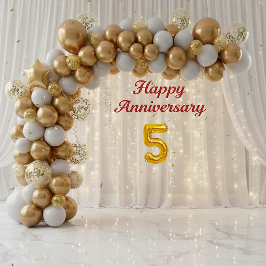 5th Anniversary Combo Decoration Kit (52 Pcs) – White & Gold Theme with Curtain