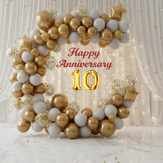 10th Anniversary Combo Decoration Kit (53 Pcs) – White & Gold Theme with Curtain