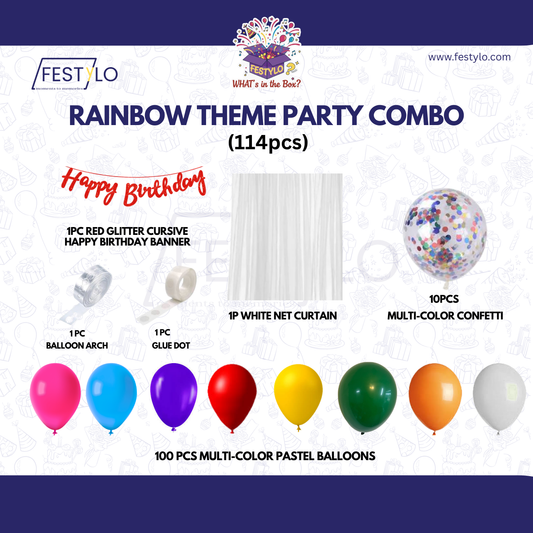 Rainbow Theme Red Banner with Multi-color confetti Decoration Kit (114 Pcs)