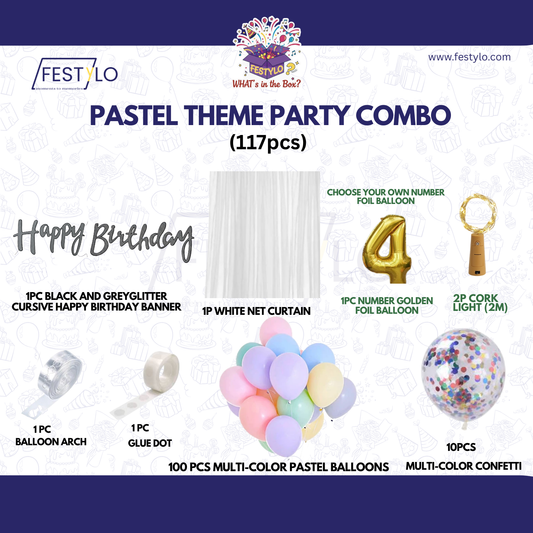 Pastel Theme Birthday Combo Kit with Silver & Grey banner