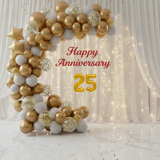 25th Anniversary Combo Decoration Kit (53 Pcs) – White & Gold Theme with Curtain