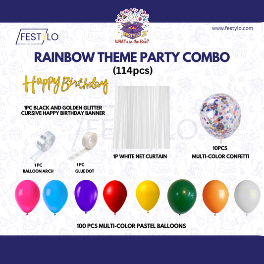 Rainbow Theme Black & Gold Banner with Multi-color confetti Decoration Kit (114 Pcs)