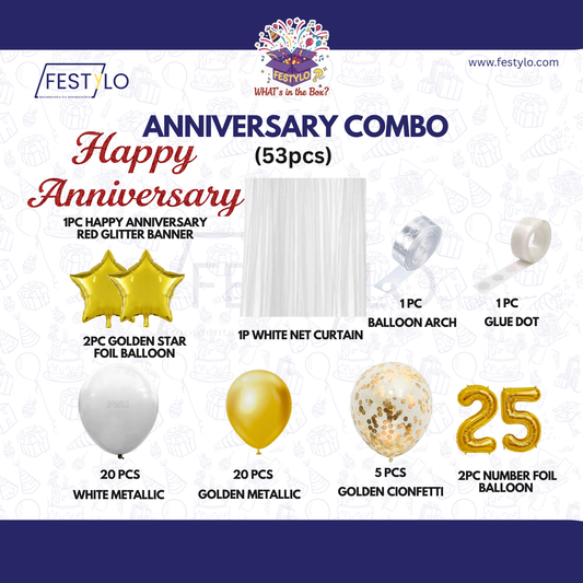 25th Anniversary Combo Decoration Kit (53 Pcs) – White & Gold Theme with Curtain