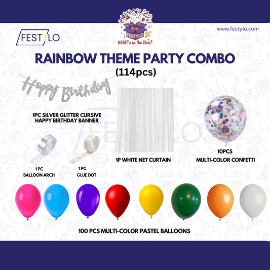 Rainbow Theme Silver Banner with Multi-color confetti Decoration Kit (114 Pcs) (Copy)