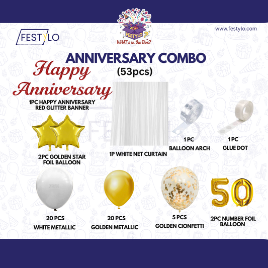 50th Anniversary Combo Decoration Kit (53 Pcs) – White & Gold Theme with Curtain
