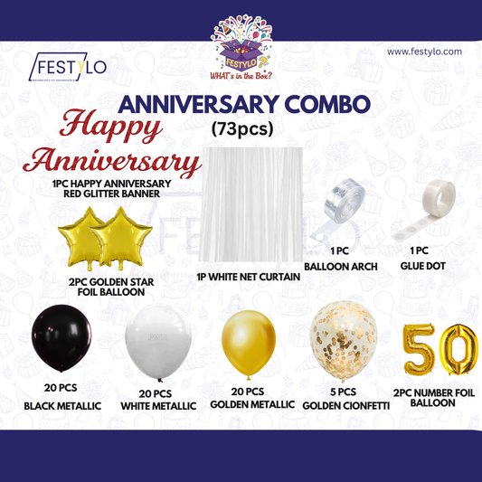 50th Anniversary Decoration Combo Kit (73 Pcs) – Golden Jubilee Black, White & Gold Theme with Curtain