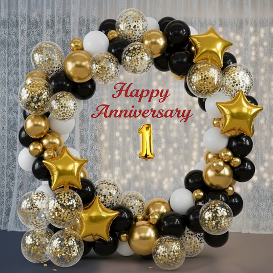1st Anniversary Combo Decoration Kit (72 Pcs) – Black, White & Gold Theme with Curtain