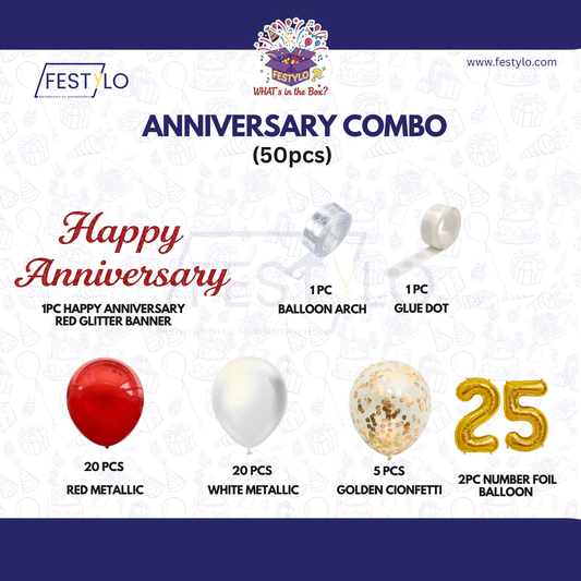 25th Anniversary Combo Decoration Kit (50 Pcs) – Red, White & Gold Theme