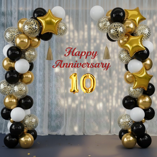 10th Anniversary Combo Decoration Kit (73 Pcs) – Black, White & Gold Theme with Curtain