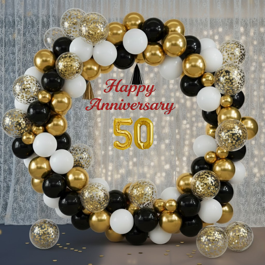 50th Anniversary Decoration Combo Kit (73 Pcs) – Golden Jubilee Black, White & Gold Theme with Curtain
