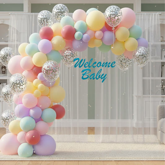 Pastel Theme Party Combo Decoration Kit (114 pcs) – Welcome Baby Balloon Arch Set