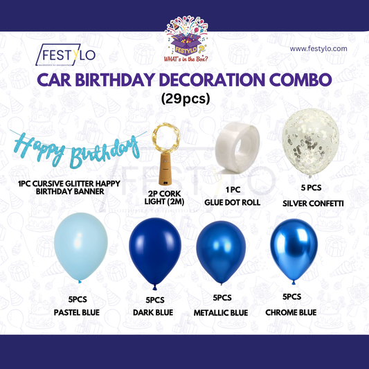 Car Birthday Decoration Combo – 29 Pcs | Blue Theme
