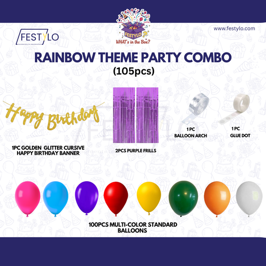 Rainbow Theme Golden Banner With Purple Frill Party Combo