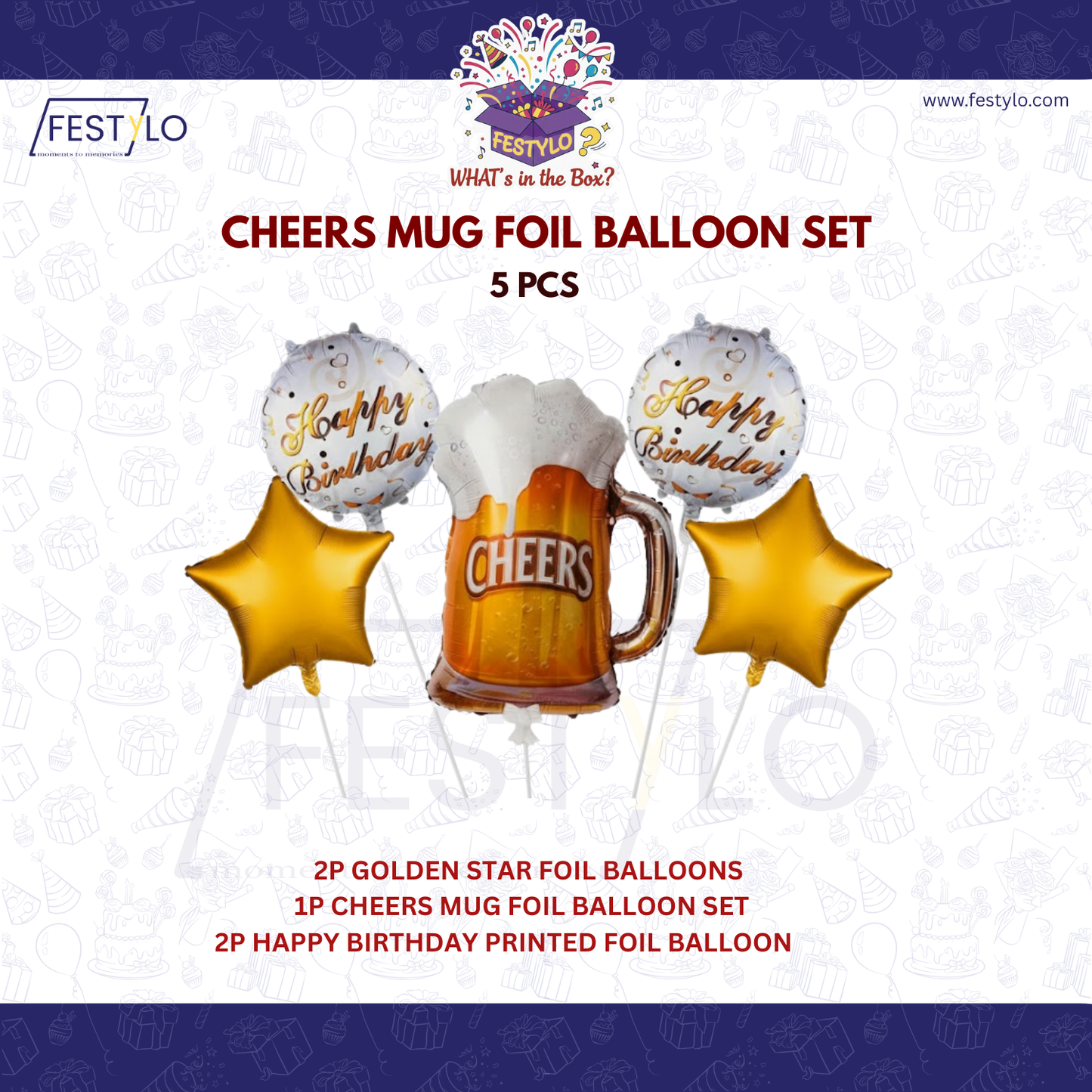 Cheers Beer Mug Birthday 5 pcs Foil Balloon