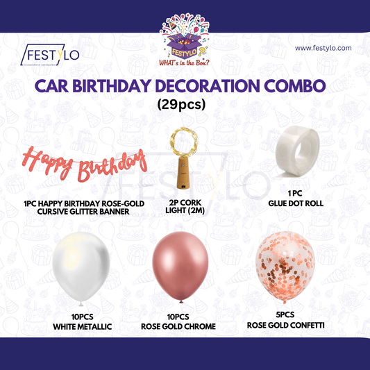 Car Birthday Decoration Combo – 29 Pcs | Rose Gold & White