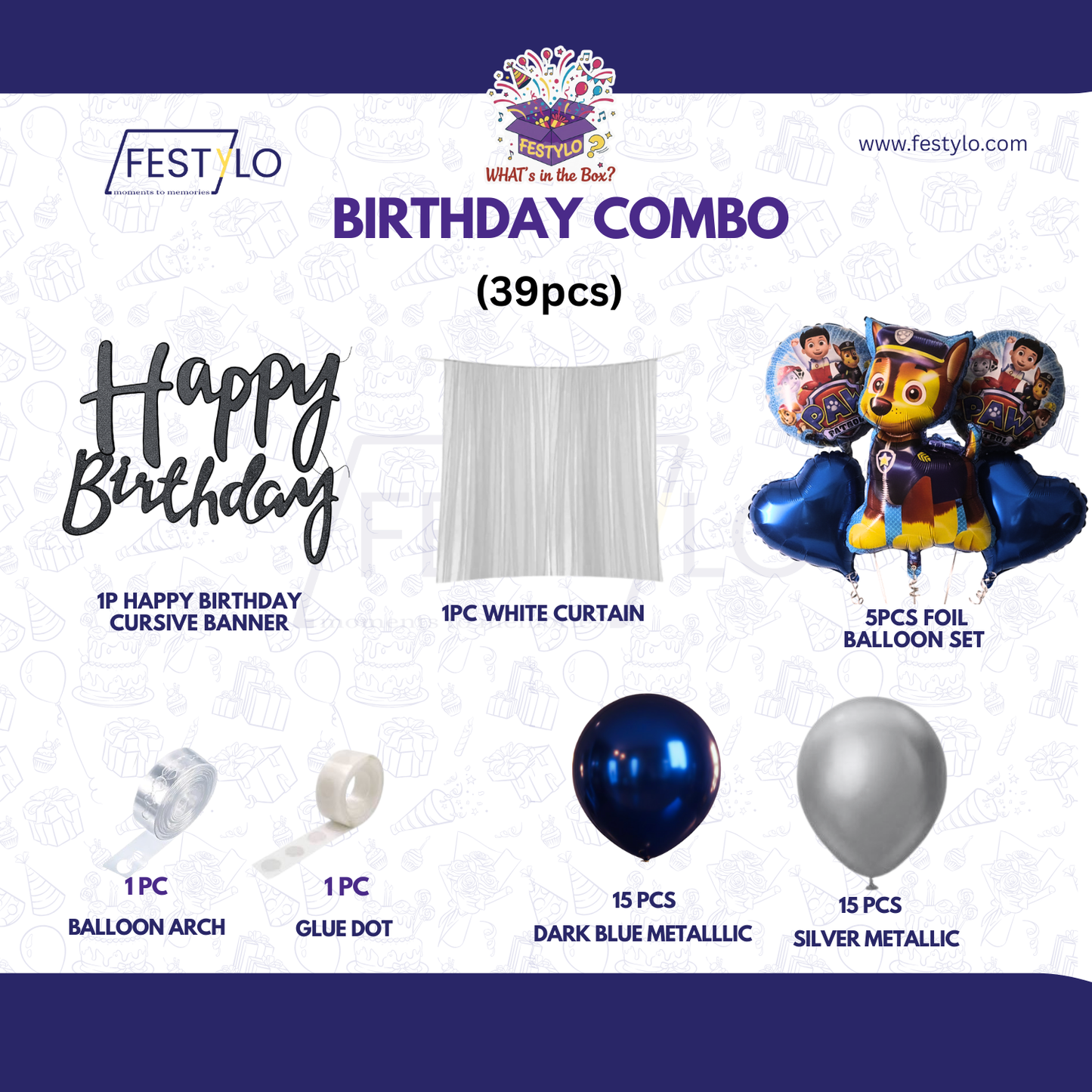 Paw Patrol Blue & Silver Birthday Decoration Combo Kit (39 pcs)
