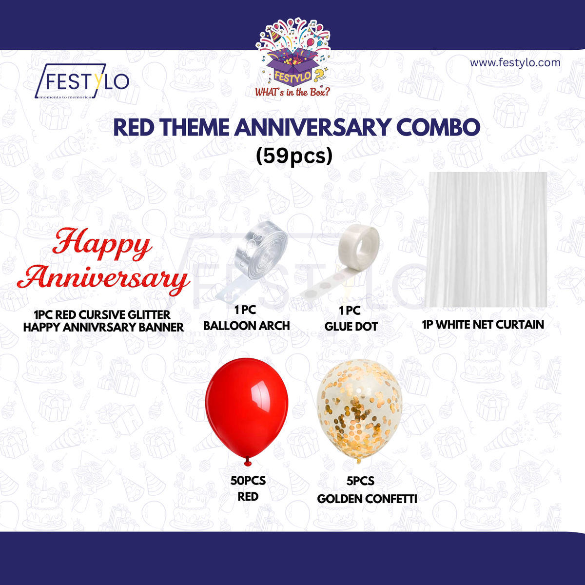 Red Theme Anniversary Decoration Combo – 59 Pcs