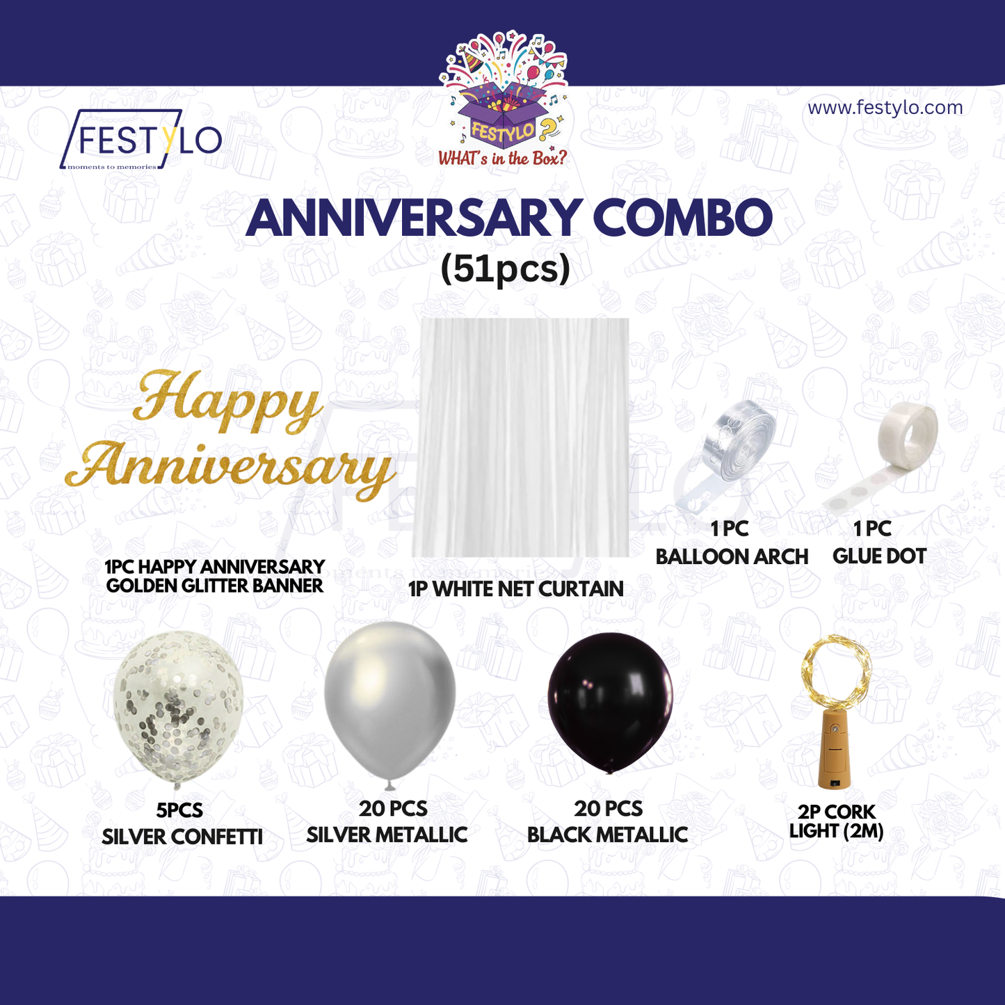Black Silver Anniversary Decoration Combo (51 pcs)