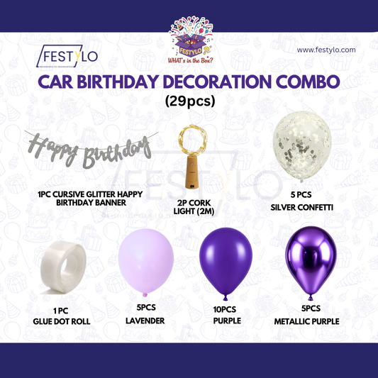 Car Birthday Decoration Combo – 29 Pcs | Purple Theme