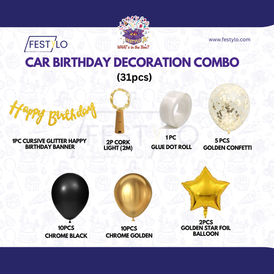 Car Birthday Decoration Combo – 31 Pcs | Black & Gold