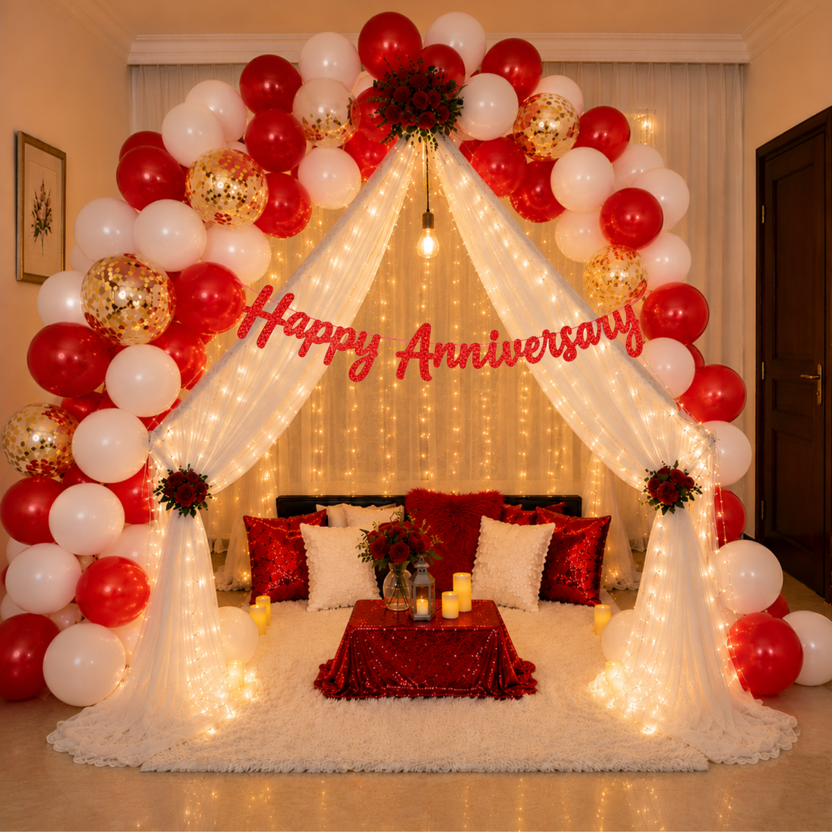 Red White Theme Anniversary Decoration Combo – 59 Pcs
